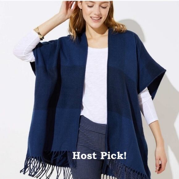 NWT LOFT Blue & Navy Oversized Plaid Open Front Poncho Wrap - Picture 2 of 8